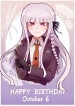  1girl black_gloves black_ribbon braid collared_shirt cropped_torso danganronpa:_trigger_happy_havoc danganronpa_(series) dated gloves hair_ribbon happy_birthday highres jacket kirigiri_kyoko kirin_(suzoke_1) light_purple_hair long_hair long_sleeves necktie open_clothes open_jacket orange_necktie purple_eyes purple_jacket ribbon shirt smile solo white_shirt zipper_pull_tab 