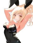  1girl animal_ears armpits arms_behind_head arms_up black_leotard blonde_hair borgbutler breasts fake_animal_ears highres large_breasts leotard long_hair looking_at_viewer love_live! love_live!_nijigasaki_high_school_idol_club miyashita_ai playboy_bunny ponytail rabbit_ears simple_background smile solo strapless strapless_leotard upper_body white_background yellow_eyes 