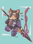  anthro bodysuit brown_body brown_fur canid canine canis chibi clothing domestic_dog eyebrows fur hi_res igarashi_ta lifewonders live_a_hero male mammal melee_weapon muscular muscular_anthro muscular_male pecs polearm pubraseer purple_eyes skinsuit solo spear superhero thick_eyebrows tight_clothing weapon 