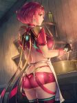  1girl anbe_yoshirou ass ass_focus breasts cooking cooking_pot gloves headpiece highres jewelry kitchen large_breasts looking_at_viewer pyra_(xenoblade) red_eyes red_hair short_hair short_shorts shorts smile swept_bangs thighs tiara xenoblade_chronicles_(series) xenoblade_chronicles_2 
