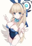  1girl :o animal_ears aqua_bow aqua_bowtie bare_shoulders blonde_hair blue_archive blue_bow blue_eyes blue_hair blue_leotard bow bowtie breasts cleavage detached_collar double_v fake_animal_ears hair_bow headset leotard long_hair looking_at_viewer medium_breasts multicolored_hair official_alternate_costume rabbit_ears solo thighhighs thighs toki_(blue_archive) toki_(bunny)_(blue_archive) two-tone_hair v white_thighhighs zonzu 