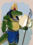  anthro axe belly biceps boat clothing corgi_(artist) crocodile crocodilian crocodylid crown egyptian egyptian_clothing egyptian_god egyptian_headdress fangs gem gold_(metal) gold_jewelry green_body green_scales headgear jewelry male navel nile nipples pecs pyramid reptile river scales scalie shirtless sobek solo tail teeth vehicle watercraft yellow_eyes 