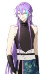  1boy aqua_hair bare_shoulders commentary cowboy_shot earrings hair_between_eyes hk_(wgyz7222) jewelry kamishiro_rui long_hair looking_at_viewer multicolored_hair pov project_sekai purple_hair simple_background sleeveless solo streaked_hair teeth two-tone_hair very_long_hair white_background yellow_eyes 