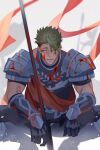  1boy absurdres achilles_(fate) armor blood blood_on_clothes blood_on_face blood_on_weapon dark_green_hair dust fate/grand_order fate_(series) gauntlets haruakira highres lower_teeth_only male_focus open_mouth polearm red_sash sash short_hair short_sleeves shoulder_armor squatting teeth undercut weapon yellow_eyes 