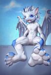  anthro blue_eyes blue_hair claws feet fishy_fizz foot_focus grey_body grey_scales hair hi_res horn looking_at_viewer male nude open_mouth paws scales simple_background sitting smile solo wings 