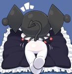  anthro black_hood black_tail blue_background butt featureless_feet female fur hanuvo hood kuromi lagomorph leporid long_ears long_tail lying mammal motion_lines on_front onegai_my_melody pillow rabbit rear_view sanrio simple_background solo spade_tail tail white_body white_fur 