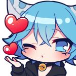  1boy animal_ears archon_eclipse bell blue_eyes blue_hair chibi heart indie_virtual_youtuber leopard_boy leopard_ears looking_at_viewer male_focus marking_on_cheek neck_bell one_eye_closed short_hair virtual_youtuber 
