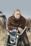  1boy absurdres alternate_costume black_pants blonde_hair blue_eyes closed_mouth ephemedic highres looking_to_the_side motor_vehicle motorcycle on_motorcycle outdoors pants real_life russia short_hair solo solo_focus vladimir_putin watch wristwatch 