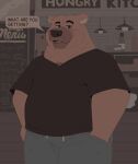  2023 absurd_res anthro bear black_nose bottomwear brown_body clothing detailed_background dialogue english_text hi_res male mammal overweight overweight_male pants shirt solo text thebearalliance topwear 