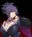  1girl bare_shoulders black_kimono breasts cutout_above_navel dark_persona fate/grand_order fate_(series) frilled_kimono frills gradient_background hair_ornament highres huge_breasts japanese_clothes jewelry kimono kloah magatama magatama_necklace miyamoto_musashi_(fate) miyamoto_musashi_(third_ascension)_(fate) necklace purple_eyes purple_hair red_background short_ponytail solo upper_body 
