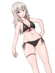  1girl bikini black_bikini blue_eyes blush breasts cleavage closed_mouth commentary dutch_angle front-tie_bikini_top front-tie_top girls_und_panzer grey_hair half-closed_eyes hand_on_own_hip itsumi_erika looking_at_viewer medium_breasts medium_hair navel side-tie_bikini_bottom simple_background smile solo standing swimsuit thigh_strap white_background yass_hero 