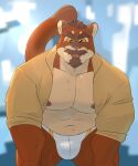  anthro blep bulge clothed clothing facial_hair felid front_view hair hi_res kiba24 leaning leaning_forward looking_at_viewer male mammal muscular muscular_anthro muscular_male mustache nipples open_clothing open_shirt open_topwear orange_sclera pecs shirt smile solo sparkling_eyes speedo swimwear tail tongue tongue_out topwear 