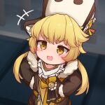  +++ 1girl blonde_hair bow brown_coat brown_gloves coat fang fur-trimmed_coat fur-trimmed_sleeves fur_trim gloves hands_on_own_hips hat honkai:_star_rail honkai_(series) hook_(honkai:_star_rail) light_blush looking_up mochikushi open_clothes open_coat open_mouth orange_bow skin_fang smug solo twintails upper_body white_headwear yellow_eyes 
