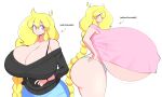  1girl absurdres ass blonde_hair breasts gigantic_breasts highres long_hair panties shirt simple_background smile solo theycallhimcake underwear 