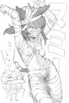  1girl animal_ears armpits arms_up bandage_over_one_eye bandages biting blush breasts cat_ears cat_girl cat_tail chibi chibi_inset closed_mouth embarrassed greyscale halloween halloween_costume highres legs_folded looking_at_viewer medium_breasts monochrome mummy_costume naked_bandage navel original shiro_iku short_hair simple_background sweatdrop tail tearing_up tears white_background 