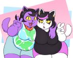  2018 anthro arm_over_shoulder blep bottomwear catti_(deltarune) catty_(undertale) clothing deltarune domestic_cat duo ear_piercing ear_ring fangs felid feline felis female fur gesture highlights_(coloring) mammal overweight overweight_anthro overweight_female piercing purple_body purple_fur ring_piercing shorts sibling_(lore) sister_(lore) sisters_(lore) teeth tongue tongue_out undertale undertale_(series) v_sign white_body white_fur yellow_sclera yellowhellion 