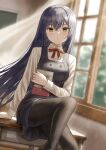  1girl absurdres arm_support black_pantyhose blue_dress blue_hair blurry blurry_background blush bow bowtie breasts brown_eyes buttons classroom collared_shirt crossed_bangs depth_of_field desk double-breasted dress dutch_angle fagi_(kakikaki) feet_out_of_frame film_grain fine_fabric_emphasis hair_between_eyes hand_up highres holding indoors knee_up kohinata_kuon long_hair long_sleeves looking_at_viewer medium_breasts original pantyhose red_bow red_bowtie school_desk school_uniform second-party_source shirt short_dress sitting solo white_shirt 