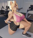  3d_(artwork) anthro athletic athletic_wear big_breasts big_butt bottomwear breasts butt canid canine canis cleavage clothed clothing digital_media_(artwork) domestic_dog exercise exercise_equipment female footwear gym gym_bottomwear gym_clothing gym_shorts looking_at_viewer mammal minami_(remanedur) remanedur shiba_inu shoes shorts sneakers solo spitz stretching thick_thighs topwear valorlynz wide_hips 