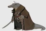  alligator alligatorid ambiguous_gender anthro avian belt biped bird blind_eye brown_clothing bullet claws clothing crocodilian feral grey_body grey_scales gun jacket melee_weapon pirate ranged_weapon reptile ring ryan_pallett scales scalie scar sharp_teeth simple_background solo solo_focus standing sword tail teeth three-quarter_view topwear walking_stick weapon white_background 