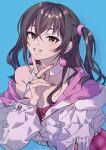  1girl black_hair blue_background blurry bow breasts brown_eyes choker cleavage collarbone dress earrings fur-trimmed_jacket fur_trim grin hair_between_eyes hair_bow hand_up highres idolmaster idolmaster_cinderella_girls idolmaster_cinderella_girls_starlight_stage jacket jewelry long_hair long_sleeves looking_at_viewer medium_breasts min_(812nn_im) mole mole_under_eye off_shoulder partially_unzipped pink_bow pink_dress plaid plaid_dress red_nails ring sharp_teeth simple_background single_bare_shoulder smile solo sunazuka_akira teeth twintails upper_body w white_choker white_jacket zipper zipper_pull_tab 
