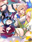  2girls bare_shoulders blonde_hair blue_eyes breasts cleavage cleavage_cutout clothing_cutout covered_navel dress fairy_wings fire_emblem fire_emblem_heroes gradient_hair hair_over_one_eye highres holding_hands looking_at_viewer multicolored_hair multiple_girls official_alternate_costume open_mouth peony_(cherished_dream)_(fire_emblem) peony_(fire_emblem) plant pointy_ears purple_eyes red_hair siblings sisters sleeveless sleeveless_dress teeth tfa28474638 thighhighs thorns triandra_(fire_emblem) triandra_(reverent_dream)_(fire_emblem) twitter_username upper_teeth_only upside-down vines wings 