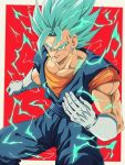  1boy biceps blue_hair blue_pants blue_sash bure_(fantasticyouth7) clenched_hand closed_mouth commentary_request dougi dragon_ball dragon_ball_super earrings electricity energy gloves green_eyes hand_up highres jewelry looking_at_viewer male_focus muscular muscular_male orange_shirt pants pectoral_cleavage pectorals potara_earrings red_background sash shirt simple_background smile smirk solo spiked_hair super_saiyan super_saiyan_blue two-tone_background v-shaped_eyebrows vegetto white_background white_gloves 
