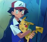  1boy ash_ketchum baseball_cap black_eyes black_hair blue_jacket closed_mouth commentary_request cracked_wall fingerless_gloves from_side frown gloves green_gloves hat holding holding_pokemon jacket knhrpnkt male_focus pikachu pokemon pokemon_(anime) pokemon_(classic_anime) pokemon_(creature) red_headwear short_hair short_sleeves upper_body watermark 