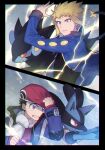  2boys black_border black_shirt blonde_hair blue_eyes blue_jacket border clenched_hand clenched_teeth closed_mouth colored_sclera electricity hat highres ikite_oshi jacket lucario lucas_(pokemon) luxray male_focus multiple_boys open_clothes open_jacket pokemon pokemon_(creature) pokemon_(game) pokemon_dppt red_eyes red_headwear red_sclera scarf shirt spiked_hair teeth volkner_(pokemon) white_scarf yellow_eyes 