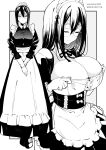  1girl apron breasts cleavage closed_mouth commentary_request corset dated full_body glasses grey_background greyscale hair_between_eyes highres kichihachi large_breasts long_hair looking_at_viewer maid maid_apron maid_headdress monochrome multiple_views original standing twitter_username two-tone_background 