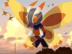  bug cloud commentary_request day flying highres latias latios mothim no_humans outdoors pokemon pokemon_(creature) power_lines sky togekiss utility_pole zai_(3333333333353pk) 