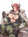  1boy abs alternate_pectoral_size animal_ears arknights bara bare_pectorals beard bodysuit bulge chest_hair chest_harness cloak cow_boy cow_ears cow_horns dog_tags facial_hair feet_out_of_frame gloves green_bodysuit harness highres horns humus_(arknights) ketanbakar large_areolae large_bulge large_pectorals looking_at_viewer male_focus manboobs mature_male multicolored_hair muscular muscular_male nipples open_bodysuit open_clothes pectorals puffy_nipples red_hair short_hair sitting smile solo spread_legs stomach streaked_hair thick_thighs thighs 