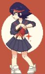  black_hair full_body gloves grey_eyes hair_between_eyes jpeg_artifacts kill_la_kill long_sleeves looking_to_the_side matoi_ryuuko midriff multicolored_hair navel orange_background pixel_art pleated_skirt red_hair school_uniform senketsu single_glove skirt streaked_hair suspenders uchu_imagawa white_footwear 