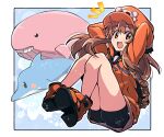  1girl :d backpack bag bike_shorts black_gloves black_shorts brown_eyes brown_hair cabbie_hat dolphin full_body gloves guilty_gear guilty_gear_strive hat itsuka_neru jacket long_hair long_sleeves looking_at_viewer may_(guilty_gear) mr._dolphin_(guilty_gear) open_mouth orange_headwear orange_jacket outside_border short_shorts shorts smile teeth upper_teeth_only whale 