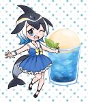  1girl bare_shoulders black_bow black_footwear black_hair blonde_hair blowhole blue_dress blue_eyes blue_hair blush bow bowtie cetacean_tail collarbone common_dolphin_(kemono_friends) dolphin_girl dorsal_fin dress fins fish_tail flats footwear_bow frilled_dress frills glass head_fins honoka3049 kemono_friends looking_at_viewer multicolored_hair one_eye_closed sailor_collar sailor_dress short_hair smile solo tail white_hair wristband yellow_bow yellow_bowtie 