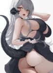  1girl arm_up ass au_ra black_dress blush breasts cleavage clothes_lift cyobiro dragon_horns dragon_tail dress final_fantasy final_fantasy_xiv from_behind grey_hair horns huge_breasts looking_at_viewer looking_back open_mouth plunging_neckline scales skirt skirt_lift solo tail warrior_of_light_(ff14) white_background yellow_eyes 