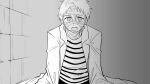  1boy bandaged_head bandages fabricant_100 fabricant_number_1 greyscale highres lab_coat long_sleeves looking_at_viewer male_focus mannma17 monochrome open_mouth ringed_eyes shirt short_hair solo striped striped_shirt 