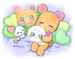  :3 animal_ears bear bear_ears blanket blush commentary_request creature fuwa_(precure) holding holding_pillow hoppetoonaka3 lying mahou_girls_precure! mofurun_(mahou_girls_precure!) no_humans open_mouth pillow precure simple_background smile star_(symbol) star_twinkle_precure 
