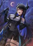  1girl :d asymmetrical_horns bare_tree bat_(animal) bird bird_on_hand black_gloves black_hair blue_hair breasts colored_inner_hair crescent demon_horns fangs gloves highres hololive hololive_english horns large_breasts long_hair mole mole_on_thigh mole_under_eye multicolored_hair nerissa_ravencroft night night_sky pink_eyes ryuuneart shadow_(nerissa_ravencroft) sky smile solo tree two-tone_hair very_long_hair virtual_youtuber 