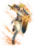  1boy armor attack blonde_hair brown_footwear fire_emblem fire_emblem:_the_blazing_blade fire_emblem_heroes harken_(fire_emblem) highres holding holding_shield holding_sword holding_weapon male_focus non-web_source shield shin_guards shoulder_armor solo sword weapon yamada_koutarou 