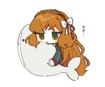  1girl blush_stickers brown_hairband chibi closed_mouth commentary_request freckles green_eyes grey_jacket hair_ribbon hairband hoshizuki_sakusa ishmael_(limbus_company) jacket limbus_company long_hair long_sleeves object_hug orange_hair pale_skin project_moon ribbon shirt simple_background solo stuffed_animal stuffed_toy translation_request white_background white_ribbon white_shirt 