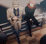  2boys absurdres black_jacket black_pants blonde_hair blue_shirt brown_jacket brown_pants cellphone collared_shirt day full_body hand_in_pocket highres holding holding_phone hood hood_down hoodie itadori_yuuji jacket jujutsu_kaisen male_focus multiple_boys nanami_kento necktie neeeem8 open_mouth outdoors pants phone pink_hair red_footwear red_hoodie round_eyewear school_uniform shirt shoes short_hair smile standing sunglasses yellow_eyes yellow_necktie 