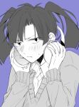  1girl absurdres adjusting_headphones annoyed blue_background blunt_bangs blunt_ends closed_mouth collared_shirt commentary curtained_hair enomoto_takane greyscale_with_colored_background highres kagerou_project long_sleeves looking_at_viewer open_collar parted_hair portrait saitou_shiori_(pixiv14549321) school_uniform shirt simple_background solo sweat sweater twintails v-neck 