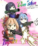  3girls :d absurdres ahoge aiming assault_rifle black_bodysuit black_hair blue_hair blunt_bangs bodysuit chibi chinese_clothes commentary_request detached_sleeves english_text firing ganyu_(genshin_impact) genshin_impact goat_horns green_eyes grenade_launcher gun hair_between_eyes hair_ornament hatoboshi highres holding holding_gun holding_weapon horns japanese_clothes kimono long_hair long_sleeves looking_at_viewer multiple_girls orange_eyes orange_hair pouch pun rifle rocket_launcher short_hair short_kimono sidelocks sleeveless smile vision_(genshin_impact) weapon wide_sleeves yelan_(genshin_impact) yoimiya_(genshin_impact) 