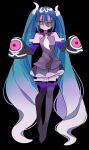  1girl absurdly_long_hair absurdres bare_shoulders black_background black_skirt black_sleeves black_thighhighs blue_hair commentary detached_arm detached_legs detached_sleeves full_body ghost_miku_(project_voltage) glitch gradient_hair grey_shirt hair_between_eyes hands_up highres long_hair looking_at_viewer multicolored_hair necktie parted_lips pokemon print_sleeves project_voltage rere_soft see-through see-through_skirt shirt simple_background skirt sleeveless sleeveless_shirt sleeves_past_fingers sleeves_past_wrists solo standing thighhighs twintails very_long_hair vocaloid white_hair white_necktie yellow_eyes 