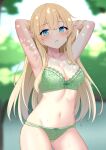  1girl akahi242 aqua_eyes armpits arms_up bare_arms blonde_hair blurry blurry_background blush bra breasts cleavage collarbone commentary_request elf green_bra green_panties hair_between_eyes highres long_hair looking_at_viewer medium_breasts navel original outdoors panties parted_lips pointy_ears sidelocks solo standing underwear underwear_only very_long_hair wet 