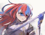  1girl alear_(female)_(fire_emblem) alear_(fire_emblem) blue_eyes blue_gloves blue_hair commentary crossed_bangs fire_emblem fire_emblem_engage gloves hair_between_eyes heterochromia holding holding_sword holding_weapon long_hair looking_afar looking_to_the_side miraioranji multicolored_hair red_eyes red_hair solo split-color_hair sword two-tone_hair upper_body weapon white_background 