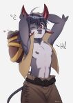  anthro bare_chest belly bovid bovine cattle clothing cute_expression cute_eyes dale_(hnav) hi_res hnav horn looking_at_viewer male mammal navel one_eye_closed solo topwear vest wink winking_at_viewer 