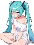  1girl aqua_eyes aqua_hair armpit_crease bare_legs between_legs breasts collarbone eyelashes foot_out_of_frame hair_between_eyes hair_ornament hand_between_legs hatsune_miku highres kumada_gaon legs long_hair looking_at_viewer mouth_hold no_pants off_shoulder on_ground oversized_clothes oversized_shirt shirt short_sleeves sidelocks simple_background sitting small_breasts solo sweatdrop t-shirt twintails very_long_hair vocaloid white_background white_shirt 
