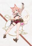  1girl :d animal animal_ear_fluff animal_ears bandeau bare_legs belt black_bandeau black_gloves blue_eyes boots breasts brown_footwear cropped_jacket dog dog_ears dog_girl dog_tail fangs flask full_body gloves highres indie_virtual_youtuber indo_momo jacket light_brown_hair long_sleeves looking_at_viewer navel open_clothes open_jacket open_mouth partially_fingerless_gloves pink_hair pouch puffy_long_sleeves puffy_sleeves red_shorts round-bottom_flask scroll second-party_source short_hair short_shorts shorts small_breasts smile stomach tail thigh_belt thigh_strap v virtual_youtuber white_jacket yu-ri 