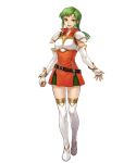  1girl armor belt boots breastplate dress elbow_gloves fingerless_gloves fire_emblem fire_emblem:_the_sacred_stones fire_emblem_heroes full_body gloves gold_trim green_eyes green_hair highres long_hair low_ponytail non-web_source official_art ponytail short_dress shoulder_armor shoulder_pads sidelocks thigh_boots transparent_background uroko_(mnr) vanessa_(fire_emblem) 